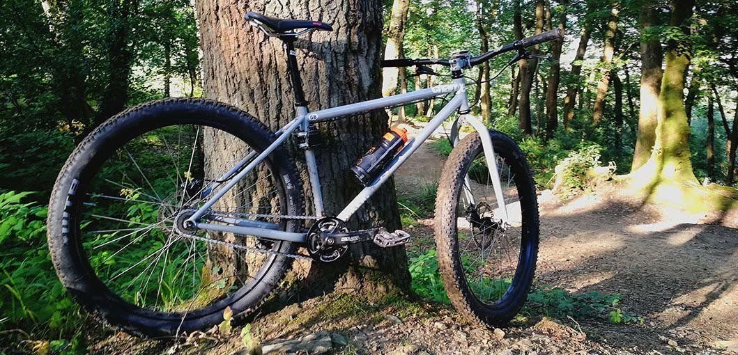 Angled shot of the bike in a forest 